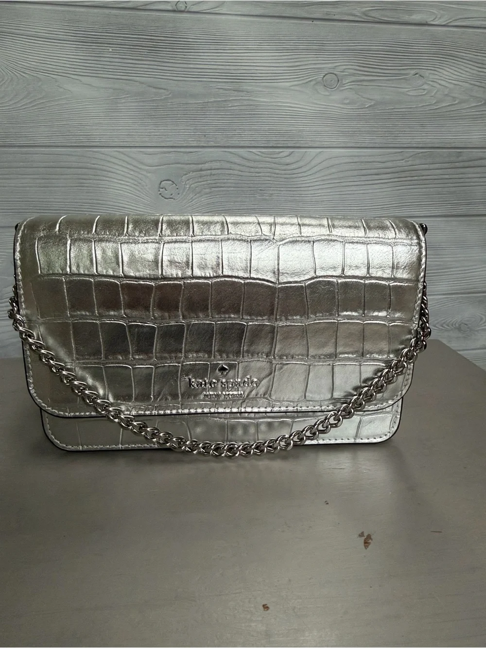 kate spade Metallic Silver Croc-Embossed Chain Crossbody Bag